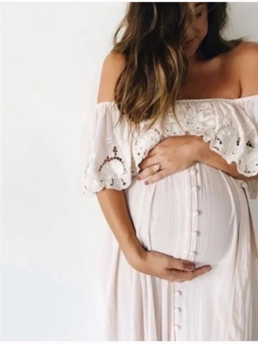 FillyBoo wonder years maternity Off-Shoulder Cream Maxi Dress with Lace Trim